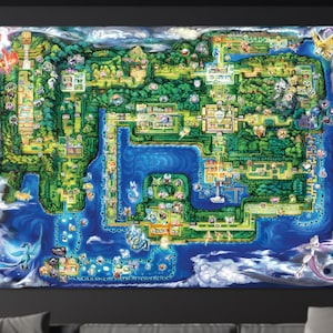 Pokémon Kanto-regio kaartposter, retro game wereldkaart muurdecoratie, nostalgische game decoratie, gedetailleerde illustratieprint, cadeau