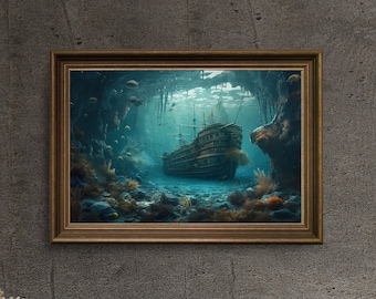 Shipwreck | Underwater | Mystical | Corals | Fish | Pirate Ship | Vincent van Gogh Style | Home Art | Wall Art | Digital Download