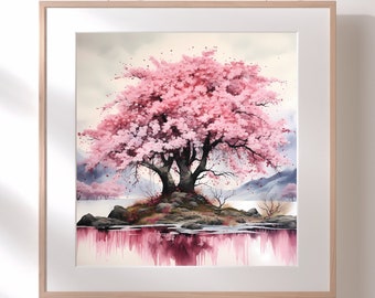Sakura Tree Poster, Japanese Cherry Blossom Wall Art, Minimalist Nature Decor, Pink Floral Print, Zen Home Decor