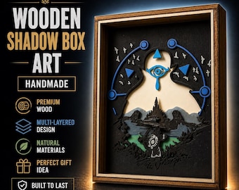 Caixa de madeira com sombras inspirada em Zelda Breath of the Wild, arte em madeira 3D com camadas, decoração artesanal para jogos, arte de parede de Hyrule, presente para gamers.