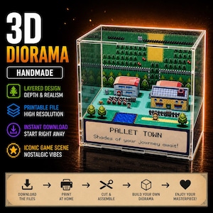 May include: A handmade 3D diorama of Pallet Town from a video game, presented in a clear acrylic box. The scene includes pixelated houses, trees, and characters. The text "PALLET TOWN" and "Shades of your journey await!" are visible.