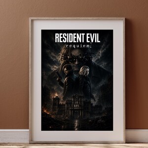 May include: A framed poster featuring the text RESIDENT EVIL requiem. The artwork displays two figures standing before a dark, burning building labeled RPD, with a large, shadowy, goggled face looming in the stormy, dark sky above them.