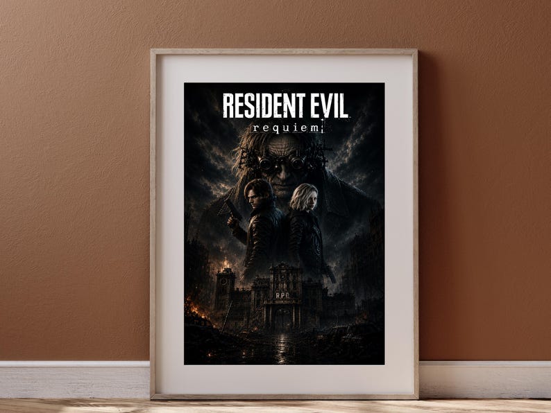 May include: A framed poster featuring the text RESIDENT EVIL requiem. The artwork displays two figures standing before a dark, burning building labeled RPD, with a large, shadowy, goggled face looming in the stormy, dark sky above them.