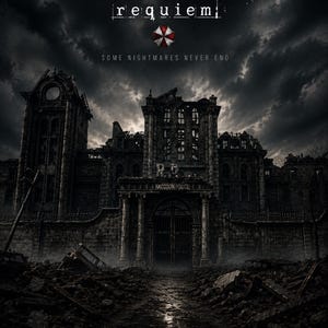 Op de afbeelding: Een donkere, onheilspellende afbeelding met de titel "RESIDENT EVIL requiem" in witte tekst. Daaronder de zin "SOME NIGHTMARES NEVER END". De afbeelding toont een vervallen gebouw met de woorden "RACCOON POLICE" boven de ingang, onder een stormachtige lucht.