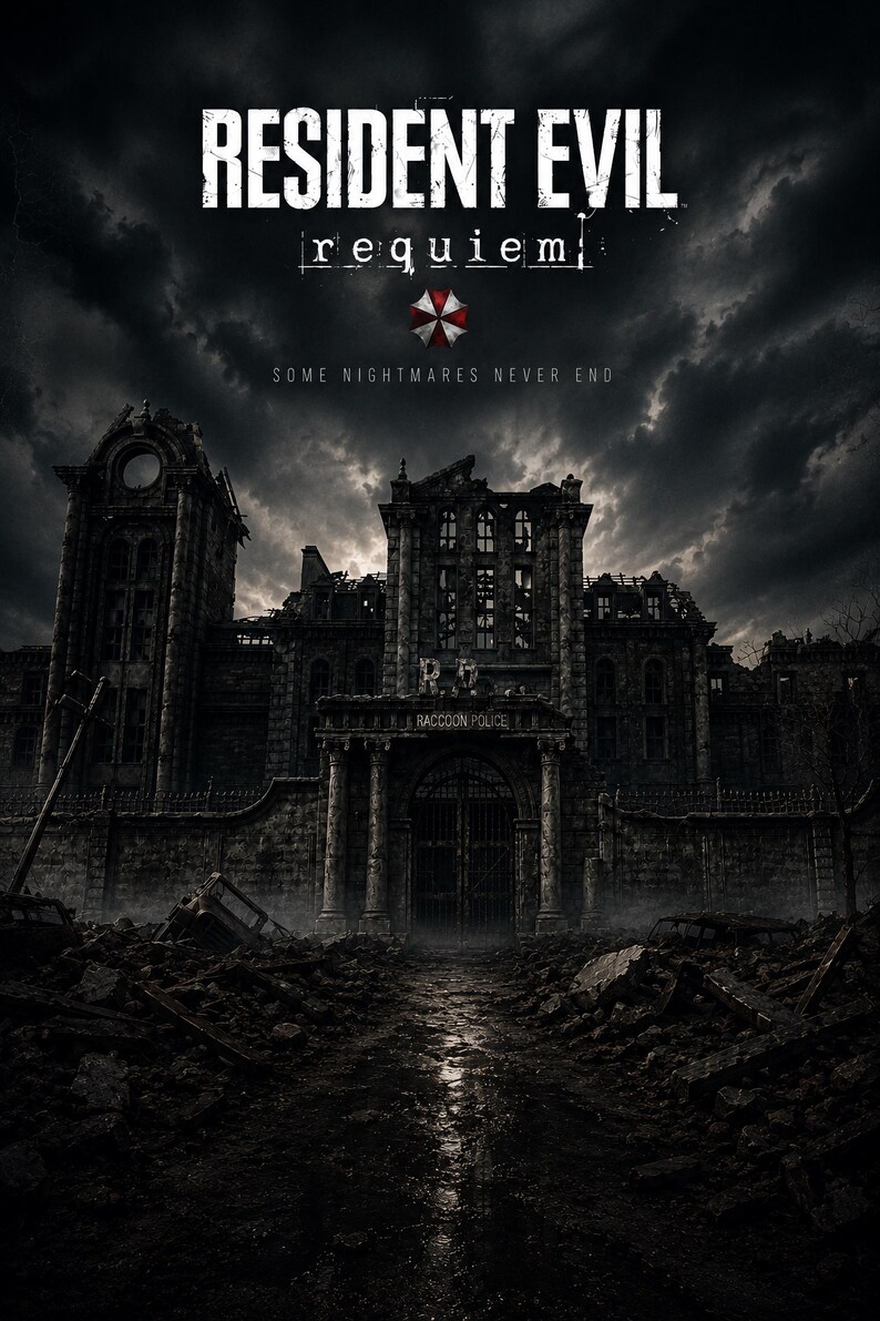 Op de afbeelding: Een donkere, onheilspellende afbeelding met de titel "RESIDENT EVIL requiem" in witte tekst. Daaronder de zin "SOME NIGHTMARES NEVER END". De afbeelding toont een vervallen gebouw met de woorden "RACCOON POLICE" boven de ingang, onder een stormachtige lucht.