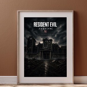 Op de afbeelding: Ingelijste Resident Evil: Requiem poster. De afbeelding toont een donkere, dramatische sc&egrave;ne van een vervallen gebouw onder een stormachtige hemel. De titel staat bovenaan. De poster zit in een houten lijst.