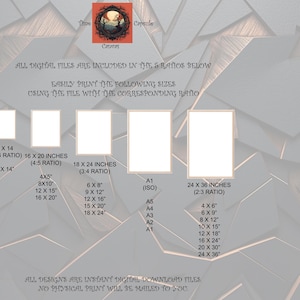May include: A digital file guide featuring five white rectangular frames on a grey geometric background. Text includes: All digital files are included in the 5 ratios below, easily print the following sizes using the file with the corresponding ratio, and all designs are instant digital download files, no physical print will be mailed to you.