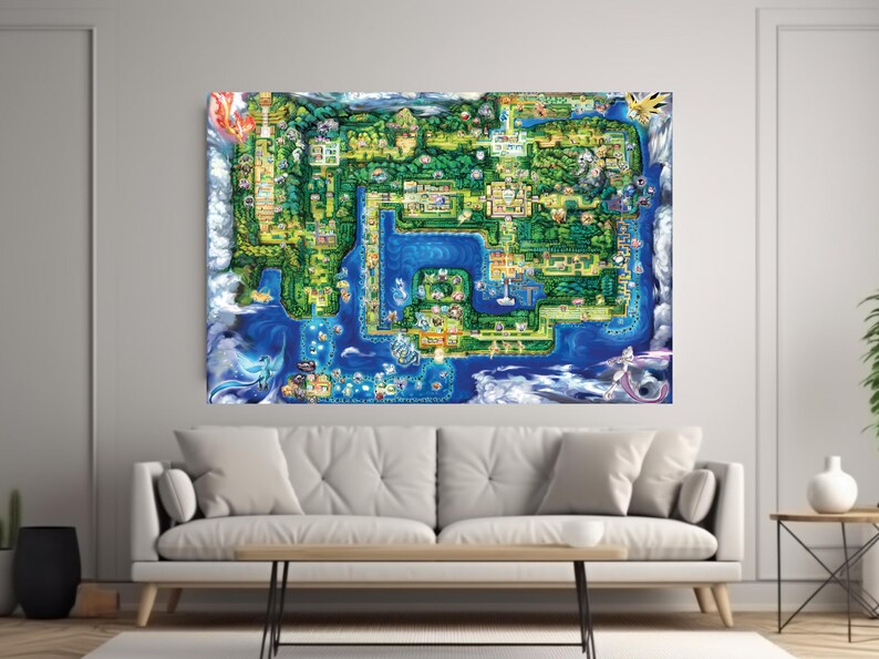 Pokemon Kanto Region Map Poster Retro Game World Map Wall Art 