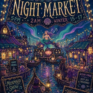 Puede incluir: Ilustraci&oacute;n de un mercado nocturno con una sirena cantando sobre el agua. La pancarta dice "NIGHT MARKET" con el horario de 5 PM a 2 AM y las fechas del 15 al 17 de invierno. Se ven barcos, tiendas y letreros de "Bebidas calientes", "Espect&aacute;culo de sirenas" y "Compras".
