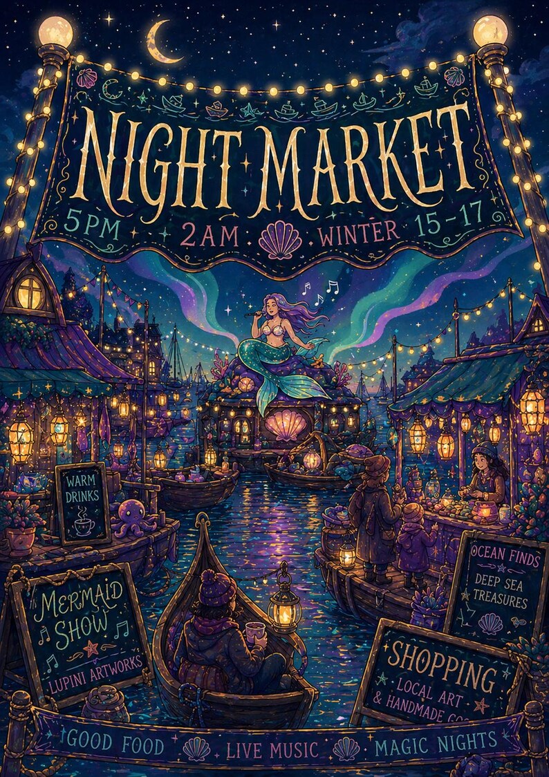 Puede incluir: Ilustraci&oacute;n de un mercado nocturno con una sirena cantando sobre el agua. La pancarta dice "NIGHT MARKET" con el horario de 5 PM a 2 AM y las fechas del 15 al 17 de invierno. Se ven barcos, tiendas y letreros de "Bebidas calientes", "Espect&aacute;culo de sirenas" y "Compras".