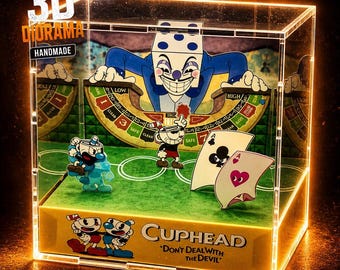 Cuphead 3D Diorama Cube, Handmade Gaming Display, Cuphead Mugman Scene, Desk Decor, Gamer Gift, Collectible Cube Art