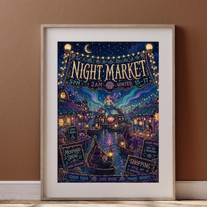 Puede incluir: Impresi&oacute;n art&iacute;stica enmarcada de una escena de mercado nocturno. La ilustraci&oacute;n presenta un canal con barcos, edificios y luces de cadena bajo un cielo estrellado. El texto dice "Night Market" y "Mermaid Show". La paleta de colores incluye azules, morados y dorados.