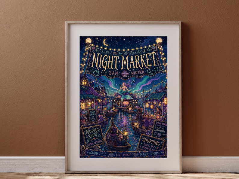 Puede incluir: Impresi&oacute;n art&iacute;stica enmarcada de una escena de mercado nocturno. La ilustraci&oacute;n presenta un canal con barcos, edificios y luces de cadena bajo un cielo estrellado. El texto dice "Night Market" y "Mermaid Show". La paleta de colores incluye azules, morados y dorados.