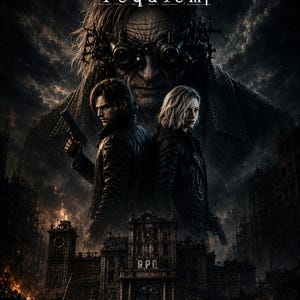 May include: A movie poster titled Resident Evil Requiem featuring a dark, atmospheric scene with two figures standing back-to-back in front of a large, ominous, goggled character. Below them is the R.P.D. Raccoon Police building amidst ruins.