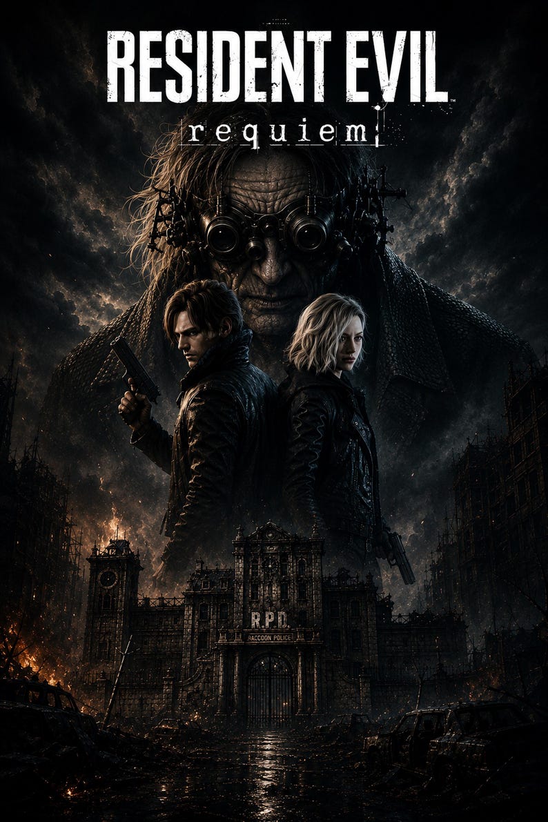 May include: A movie poster titled Resident Evil Requiem featuring a dark, atmospheric scene with two figures standing back-to-back in front of a large, ominous, goggled character. Below them is the R.P.D. Raccoon Police building amidst ruins.