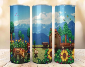 Kubek Stardew Valley Farm Tumbler 20 uncji, przytulny kubek do gry w farmę, naczynie do picia z grafiką pikselową, prezent dla gracza, kubek Cottagecore, dekoracja do gier