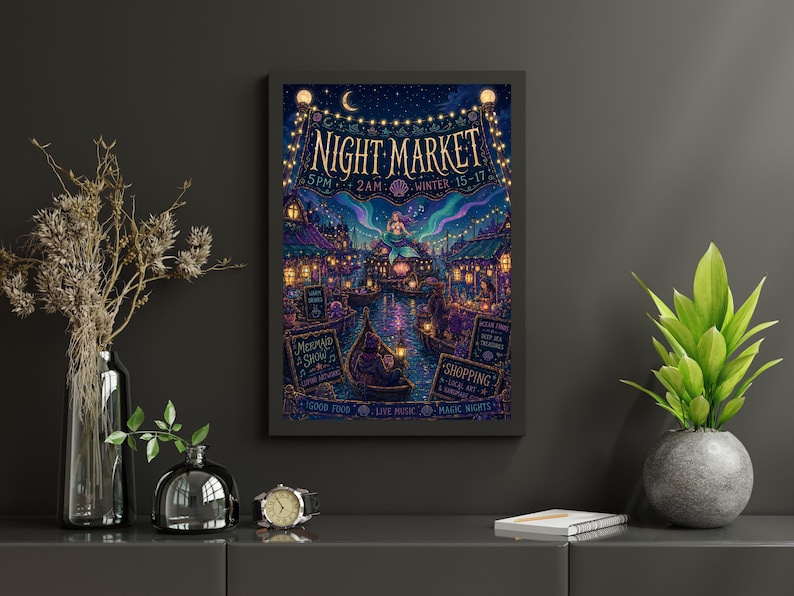 Puede incluir: P&oacute;ster enmarcado con una vibrante ilustraci&oacute;n de un mercado nocturno. La obra presenta un canal con barcos, edificios y luces de cadena bajo un cielo estrellado. El texto en el p&oacute;ster dice "Night Market" y detalles del evento.