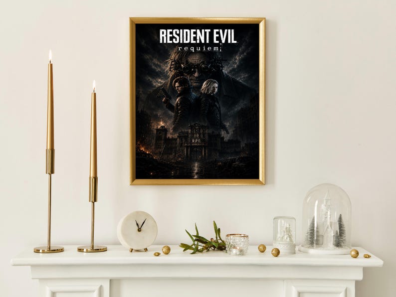 May include: A framed poster titled Resident Evil Requiem featuring a dark, atmospheric scene with two figures standing before a gothic building, displayed in a gold frame on a wall above a mantelpiece with two tall gold candlesticks and a clock.