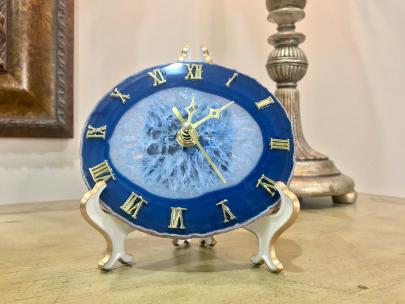 Natural Agate Crystal Stone Clock /Desk Clock Roman Numeral image 2