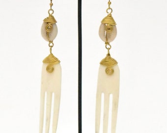 Bone / Brass / Cowrie shell earrings.  Hand made in Kenya.