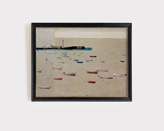 Print van vissersboten op het strand, La Caleta Cadiz kunst, poster van een vuurtoren aan de kust, neutraal Spaans zeegezicht