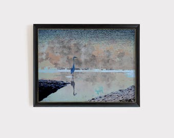 Zilverreiger kunstprint, blauwe moeras reflectie, kustvogel kunst aan de muur, wetland natuurfotografie