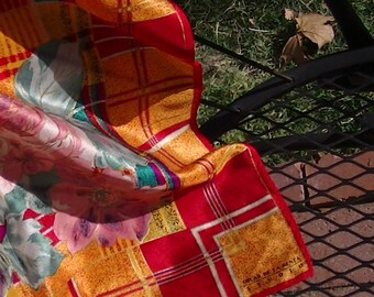 Vintage Oscar de la Renta Studio Silk Scarf; Fall Plaid Colors with Pastel Pink Roses