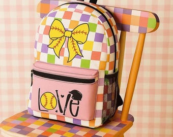 Softball Love Backpack, Colorful Checkered Design, Gift for Athletes