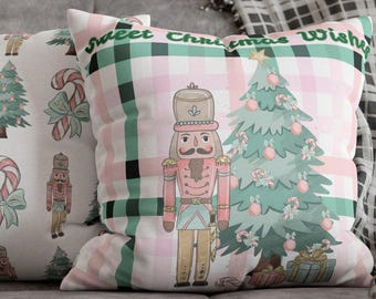 Nutcracker Christmas Tree Pillowcase | Square Holiday Plaid Pastel Decor | Sweet Christmas Wishes Pink Nutcracker
