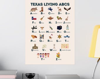 Texas ABCs Educational Poster, Teachers Room Decor, Learning Wall Art, Childrens Gift, Nursery Decoration