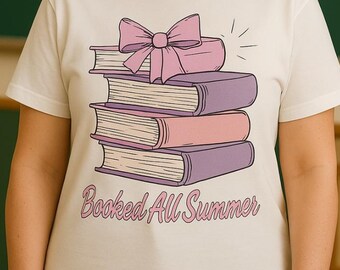 Booked All Summer Girly Book Lover Tee | Reading Teacher Summer Shirt | Cute Bookworm Comfort Colors T-Shirt | Pastel Pink Book Stack Tee