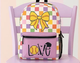 Lilac Softball Love Backpack, Checkered School Bag, Gift for Athletes