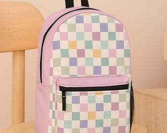 Pastel Checkered Lilac Backpack | Lightweight School Bag for Kids, Teens, College Students | Colorful Bookbag