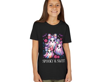 Spooky & Sweet Youth Short Sleeve Tee, Cute Ghost T-Shirt, Halloween Kids Apparel, Fun Ghost Design, Trick or Treat Shirt
