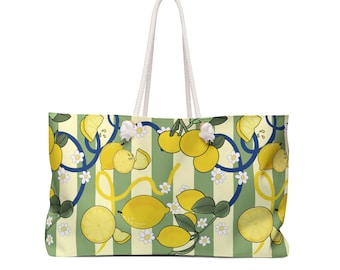 Lemonade Weekender Beach Bag | Citrus Stripes Tote | Lemon Pattern 24" x 13"