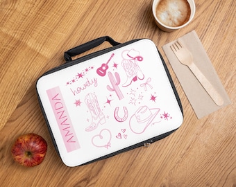 Personalized Cowgirl Pattern Insulated Lunch Bag | Howdy Western Themed | Country Girly Bows & Boots | Gift for Country Lovers