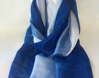 Japanese Indigo scarf Hand Dyed, Silk 100%, Ocean Gradation, Light weight shawl, stole, head wrap, silky shine elegant, soft smooth touch