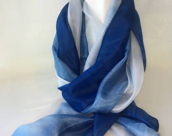 Japanese Indigo silk scarf, Ocean Gradation, hand dyed silk 100 %, shawl, stole, head wrap, silky shine elegant, soft smooth touch