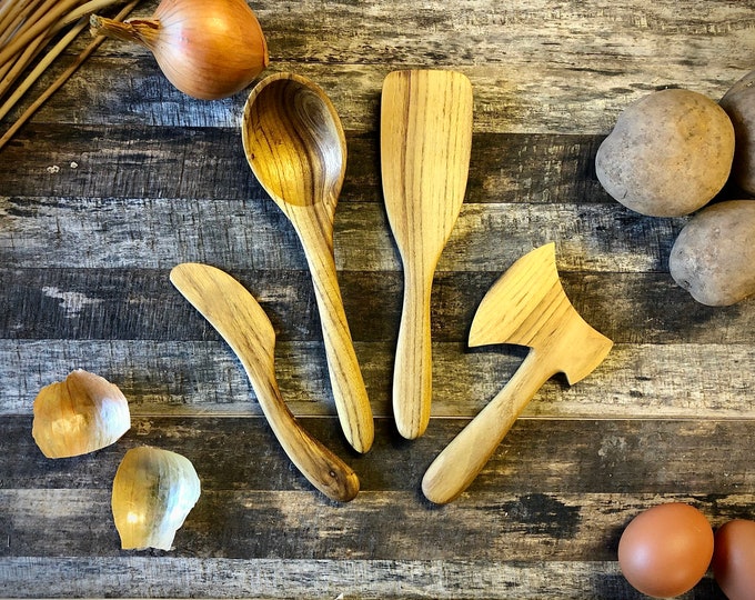 Ensemble d'ustensiles de cuisine en bois d'acacia, ustensiles de table de cuisine et de service, couteau à beurre en bois, hachette à tartiner, spatule en bois, cuillère de service en bois