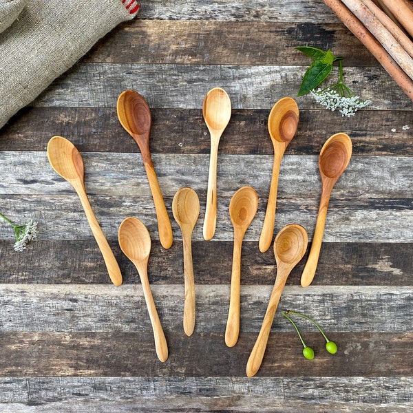 Hand carved small wooden spoons, 6" natural wood teaspoons, Stirring spoons for kids teething, Handmade kitchen wood utensils, Wood art