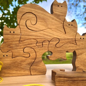 Wooden Jigsaw Cat Puzzle | 6 piece puzzle for kids, Autumn Cats, Animal wood puzzle for children, Montessori toy, Cat lover gift, Oak wood