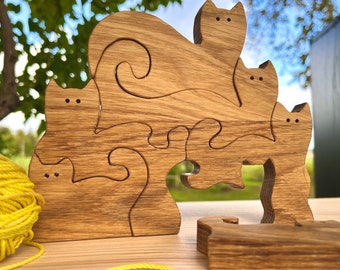 Oak Wood Jigsaw Cat Puzzle, Montessori Toy, Cat Lover Gift