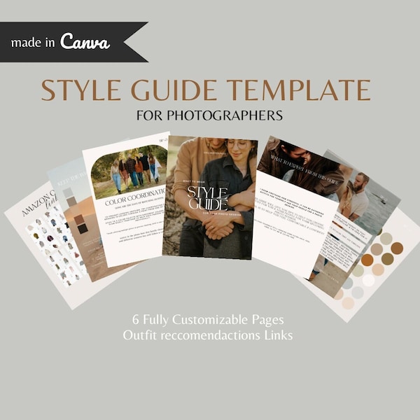 Photographer style guide, style guide template, what to wear template client guide Canva, template for portrait photographers