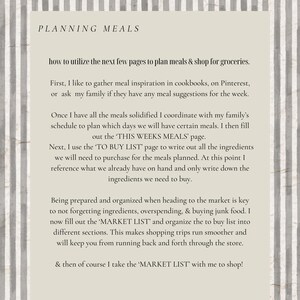 May include: A beige and white striped background with a text overlay. The text reads "Planning Meals" and provides tips on how to plan meals and shop for groceries. The text includes the phrases "This Weeks Meals", "To Buy List", and "Market List".