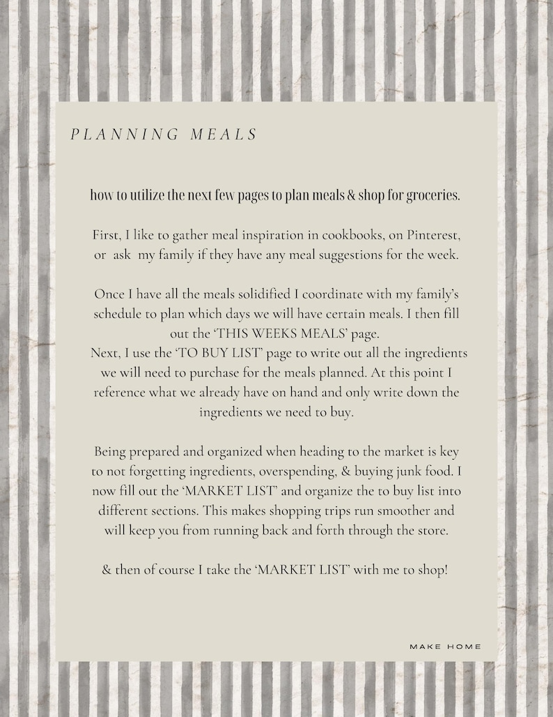 May include: A beige and white striped background with a text overlay. The text reads "Planning Meals" and provides tips on how to plan meals and shop for groceries. The text includes the phrases "This Weeks Meals", "To Buy List", and "Market List".