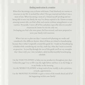 May include: A page from a printable planner guide with the title "Planning Your Days" and the subtitle "Finding Motivation & A Routine". The page includes tips for staying organized and productive as a stay-at-home parent.
