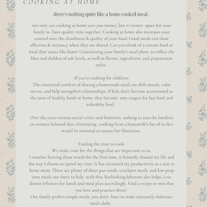 May include: A text-based graphic with a white background and a blue floral pattern. The text reads "Cooking at Home: there's nothing quite like a home cooked meal." The text discusses the benefits of cooking at home, including saving money, spending quality time with family, and controlling the quality of food. It also mentions the importance of finding time to cook and the benefits of simple meals.