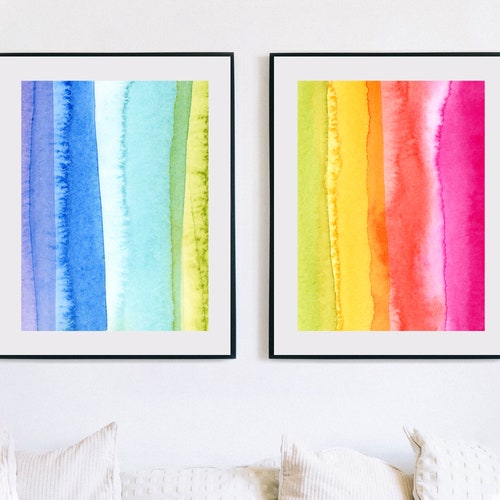 Bright Colored Wall Art Set Colorful Art Prints Watercolor Etsy