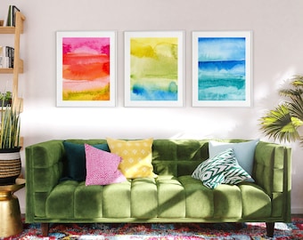 Set of 3 Prints, Bright Color Watercolor Prints, Downloadable Wall Art, Printable Abstract Artwork, Colorful Art Print Set