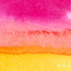May include: Abstract watercolour painting with a gradient of pink, orange, and yellow colours. The colours blend together seamlessly, creating a soft and dreamy effect. The painting is signed "aprile elaine" in the bottom right corner.